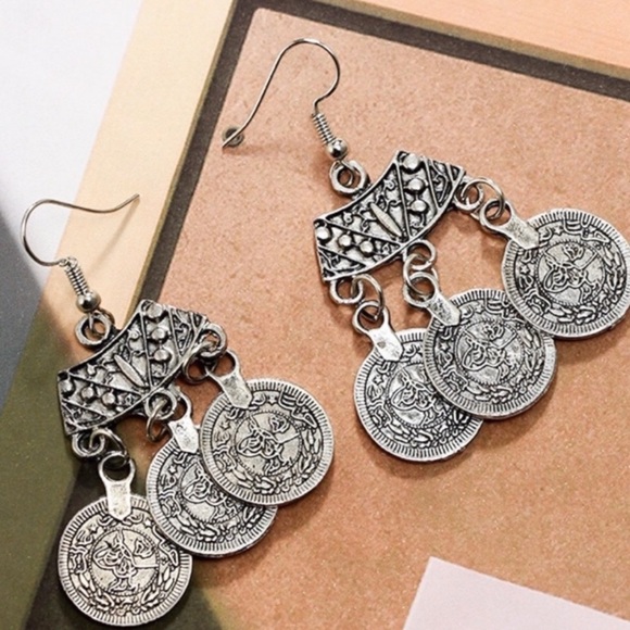 $8 SALE! Antiqued Silver Tibetan Coin Earrings - Picture 3 of 8